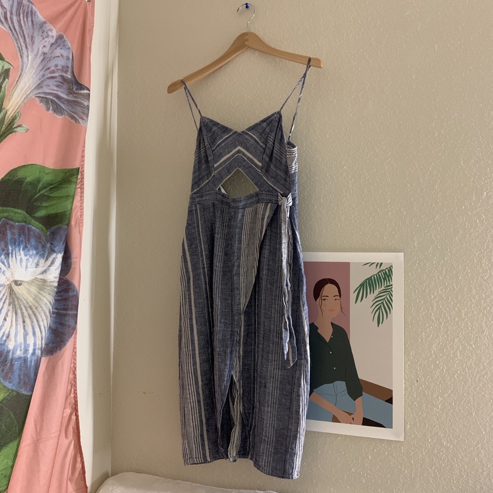 Striped cut out linen blend midi dress